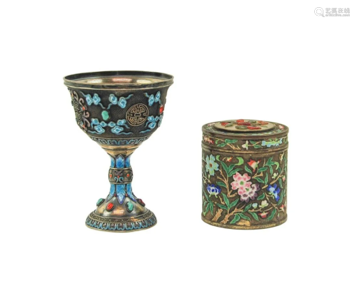 TWO CHINESE ENAMELED CUP AND CONTAINER