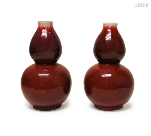 PAIR OF RED FLAMBE GLAZED DOUBLE GOURD VASES