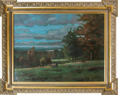 FRAMED OIL ON CANVAS PASTURE AND HERD