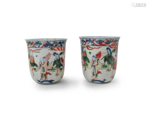 CHINESE DOUCAI MING MARK CUP PAIR