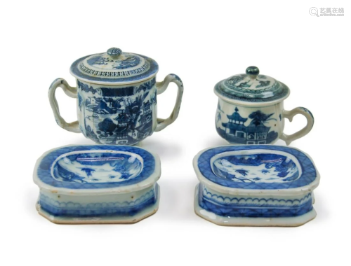 BLUE AND WHITE TEA SET AND SOAP DISHES