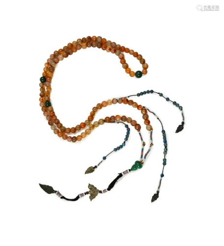 CHINESE AGATE AND JADE COURT BEADS NECKLACE