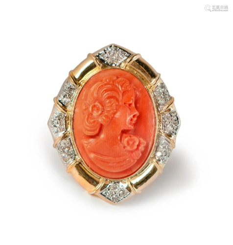 CARVED CORAL CAMEO, DIAMOND AND GOLD RING