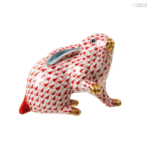 HEREND RED AND WHITE PORCELAIN RABBIT (REPAIRED)