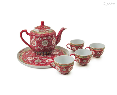 CHINESE RED GROUND FAMILLE ROSE TEA SET