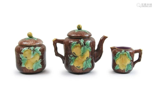 THREE ENGLISH MAJOLICA TEA CRM SUGAR JARS & CUP