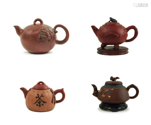 GROUP OF FOUR YIXING CLAY TEAPOTS