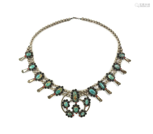 SILVER TURQUOISE SQUASH BLOSSOM NECKLACE