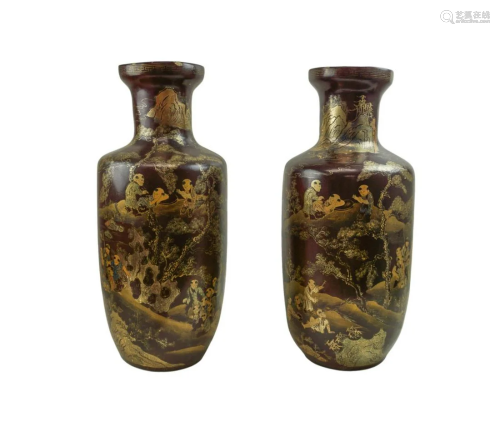 PAIR OF LARGE GILDED WOOD LACQUER VASES