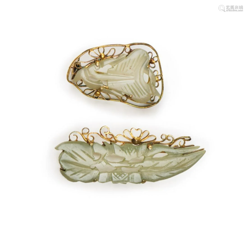 A PAIR OF JADE BROOCHES
