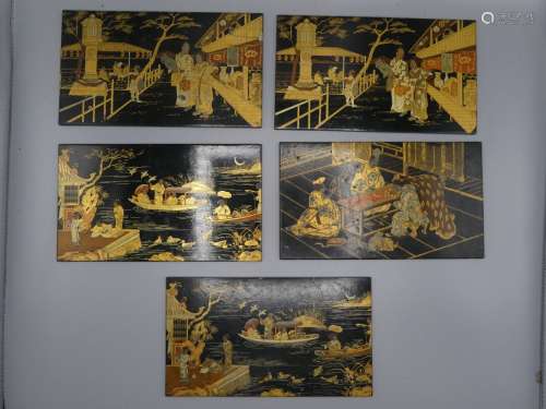 PONT-A-MOUSSON, Cinq panneaux en papier mâché à décor asiati...