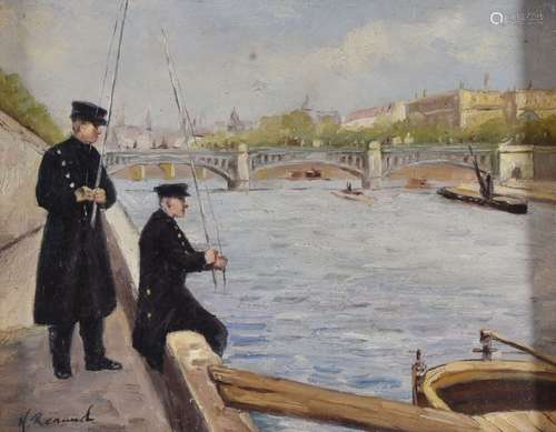 H.RENAUD (1921-1990) Pêcheurs sur la Seine Huile sur toile s...