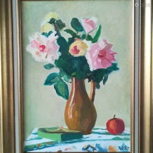 René RUBY (1908-1983) Bouquet et pomme sur une table Huile s...