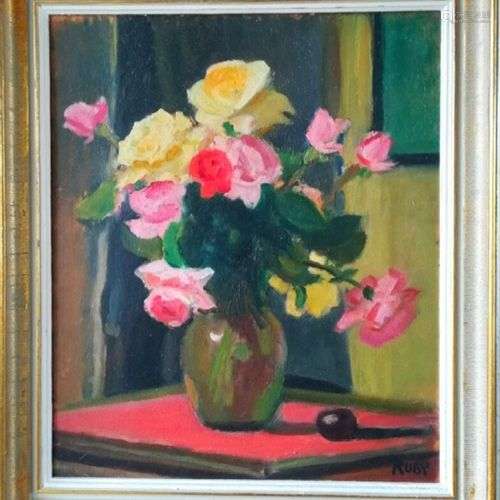 René RUBY (1908-1983) Roses dans un vase Huile sur panneau, ...