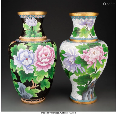 Two Chinese Cloisonné Floral Vases 15-1/2 x 8 x