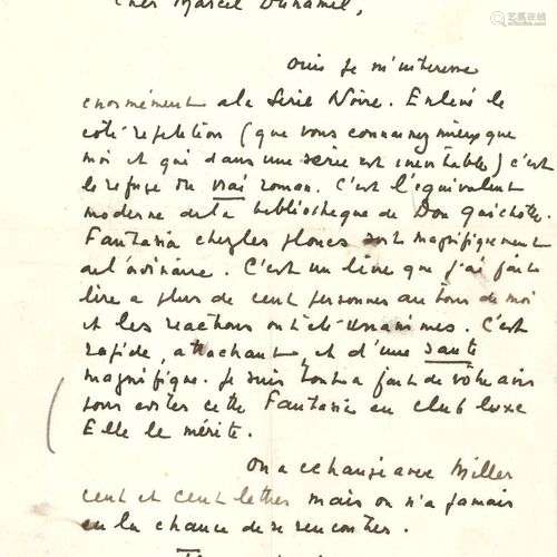 Jean GIONO (1895-1970). 2 L.A.S., à Marcel Duhamel; 2 pages ...