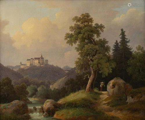 JOSEF JONAS, ROMANTISCHE LANDSCHAFT MIT BLICK AUF EINE