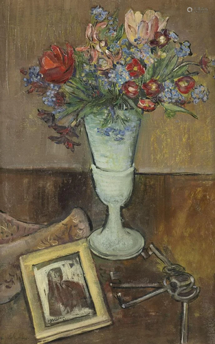 ERWIN HOLLSTEIN, BLUMENSTILLLEBEN MIT BILDNIS UND