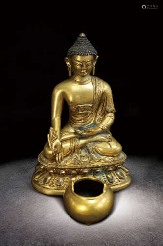 清 銅鎏金釋迦牟尼佛像連香爐一組兩件
