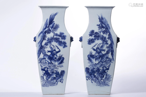 Qing Dynasty - A Pair of Blue White 'Landscape' Square