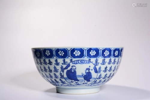 Qing Dynasty - Blue White 'Hundred Shou' Bowl