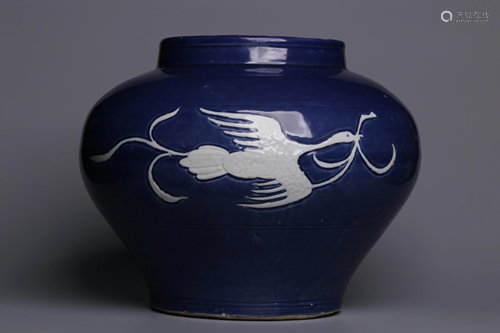 Ming Dynasty - Blue Glazed 'Heron and Lotus' Jar