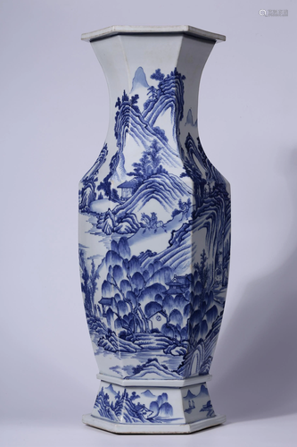 Qing Dynasty - Blue White 'Landscape' Hexagonal Vase