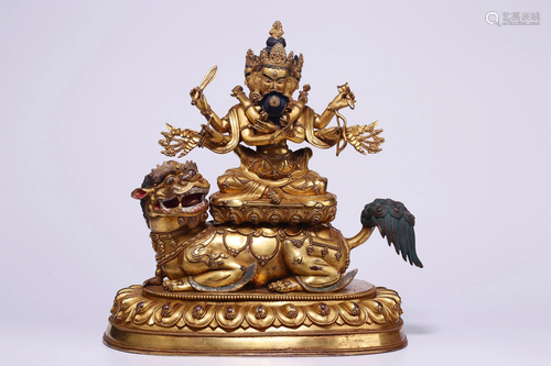 Qing Dynasty - Gilt Bronze Manjusri Sitting on Lion