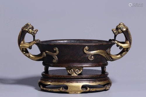 Qing Dynasty - Gilt Bronze 'Chilong' Handled Incense