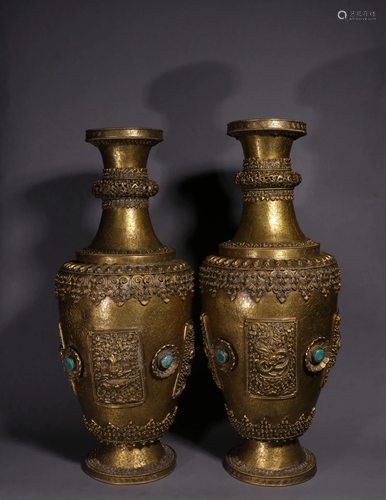 Republic of China - A Pair of Bronze Turquoise Inlaid