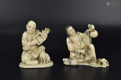 Two Japanese Meiji period ivory okimono, each modelled as a ...