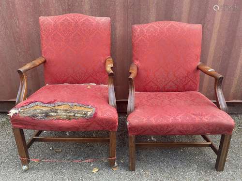 A pair of George III mahogany open arm chair with an arched ...