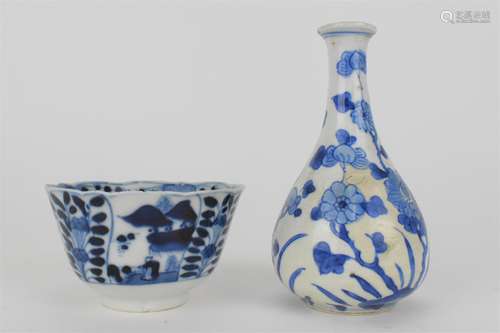 A Chinese Kangxi blue and white tea bowl with a wary rim and...