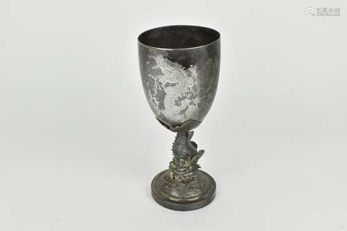 A Chinese export silver goblet modelled with a dolphin stem ...