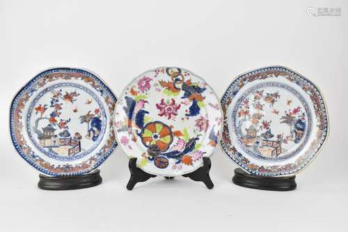 Three late 18th century Chinese plates in polychrome enamels...