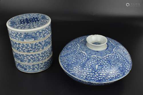 A 19th century Chinese blue and white stackable wedding box,...