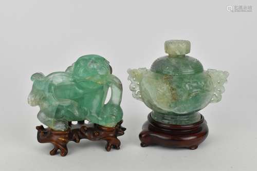 A Chinese green fluorspar lidded censor on wooden stand, tog...