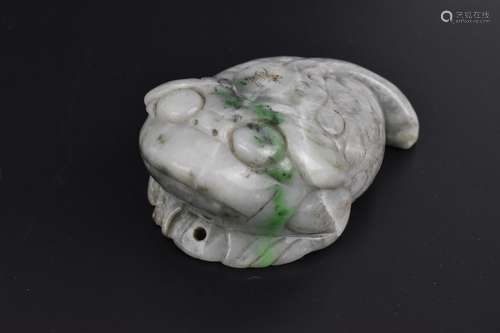 A Chinese mottled green jade model of a toad, with detail to...