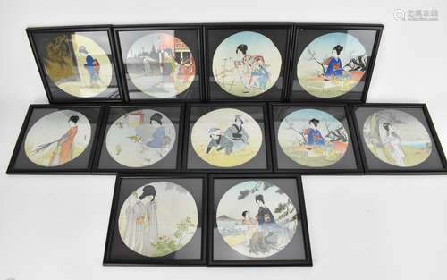 Eleven Japanese 20th century unmounted painted circular fan ...