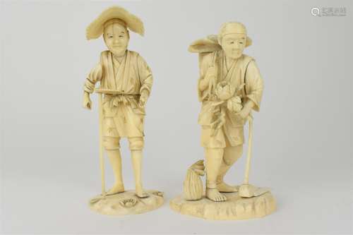 Two Japanese Meiji period ivory Okimono, each of a farmer, o...