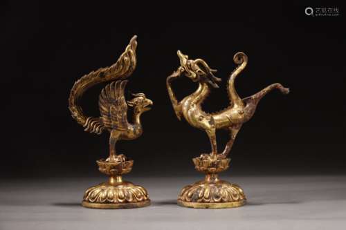 Bronze gilt dragon and phoenix ornaments