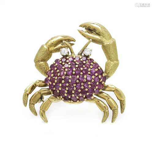 TIFFANY & CO., YELLOW GOLD, RUBY AND DIAMOND CRAB