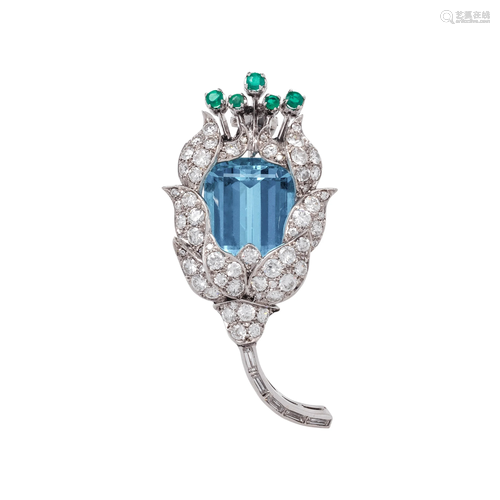 AQUAMARINE AND DIAMOND BROOCH