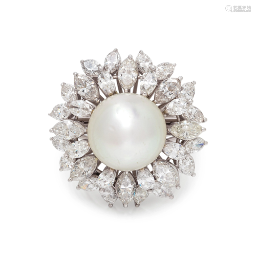 CULTURED SOUTH SEA PEARL AND DIAMOND RING