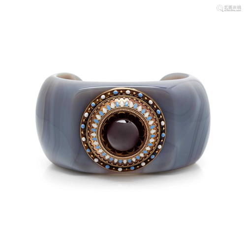 VERDURA, AGATE, GARNET AND ENAMEL CUFF BRACELET