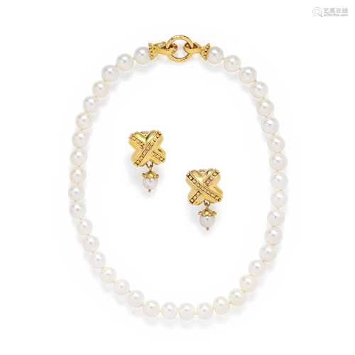 ELIZABETH LOCKE, YELLOW GOLD AND CULTURED PEARL SET