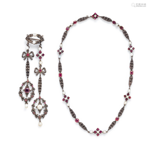 FRENCH, ANTIQUE, SILVER-TOPPED GOLD, RUBY, PEARL AND