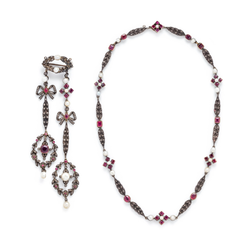 FRENCH, ANTIQUE, SILVER-TOPPED GOLD, RUBY, PEARL AND