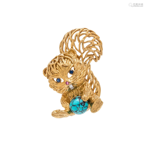 CARTIER, YELLOW GOLD AND MULTIGEM SQUIRREL BROOCH
