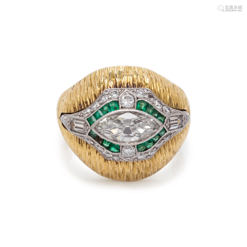 YELLOW GOLD, DIAMOND AND EMERALD RING